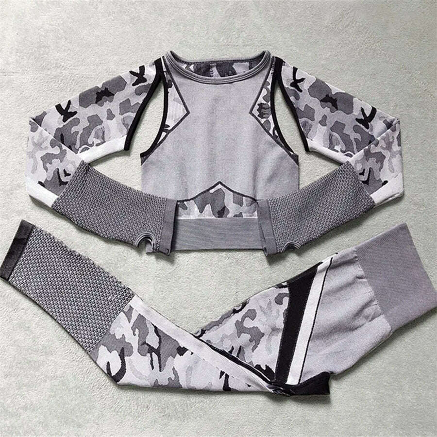 KIMLUD, Women Seamless Yoga Sets Camouflage Sports Sets Long Sleeve Crop Top Shirts High Waist Yoga Pants Fitness Gym Clothing Yoga Suit, white set / S, KIMLUD Womens Clothes