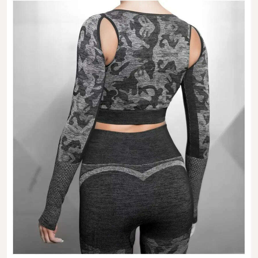 KIMLUD, Women Seamless Yoga Sets Camouflage Sports Sets Long Sleeve Crop Top Shirts High Waist Yoga Pants Fitness Gym Clothing Yoga Suit, KIMLUD Womens Clothes