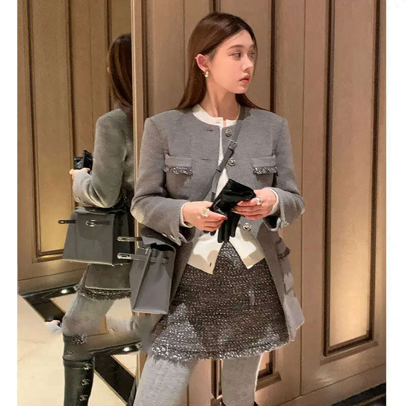 KIMLUD, Women Sets O-Neck Waist Retraction Hem Split Coat+Bright Silk A-Line Tasslals Edge Short Skirt Exquisite Two Piece Lady Clothing, KIMLUD Womens ClothesKIMLUD, Women Sets O-Neck Waist Retraction Hem Split Coat+Bright Silk A-Line Tasslals Edge Short Skirt Exquisite Two Piece Lady Clothing, Two piece / S / CN, KIMLUD APPAREL - Womens Clothes