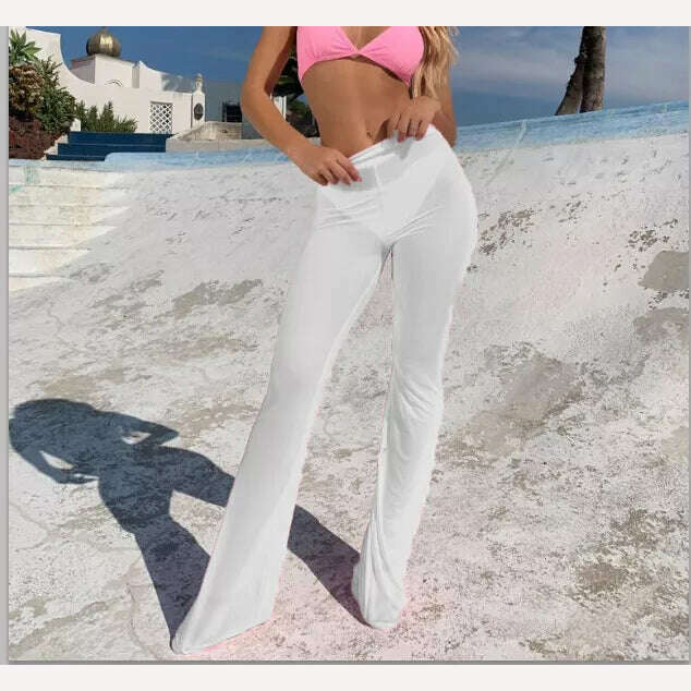 KIMLUD, Women Sexy Beach Sheer Mesh See Through Transparent High Elastic Waist Bikini Cover Up Swimwear Bell Bottom Flare Pants Trousers, White / M, KIMLUD Womens Clothes