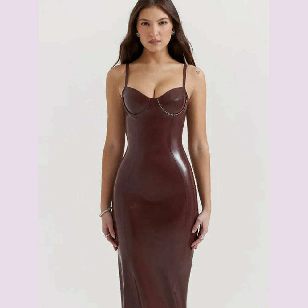 KIMLUD, Women Sexy Blackless Slim Sling Leather Dress Fashion Sleeveless Zipper Split Fold Long Dresses 2024 Lady New Evening Party Robe, KIMLUD Womens Clothes