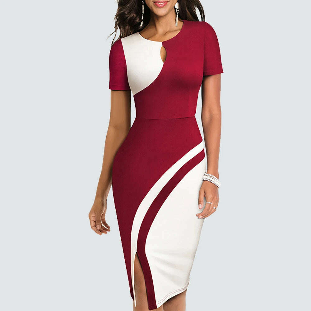 Women Sexy Contrast Color Elegant Bodycon Charming Patchwork Office Lady Dress HB571 - KIMLUD