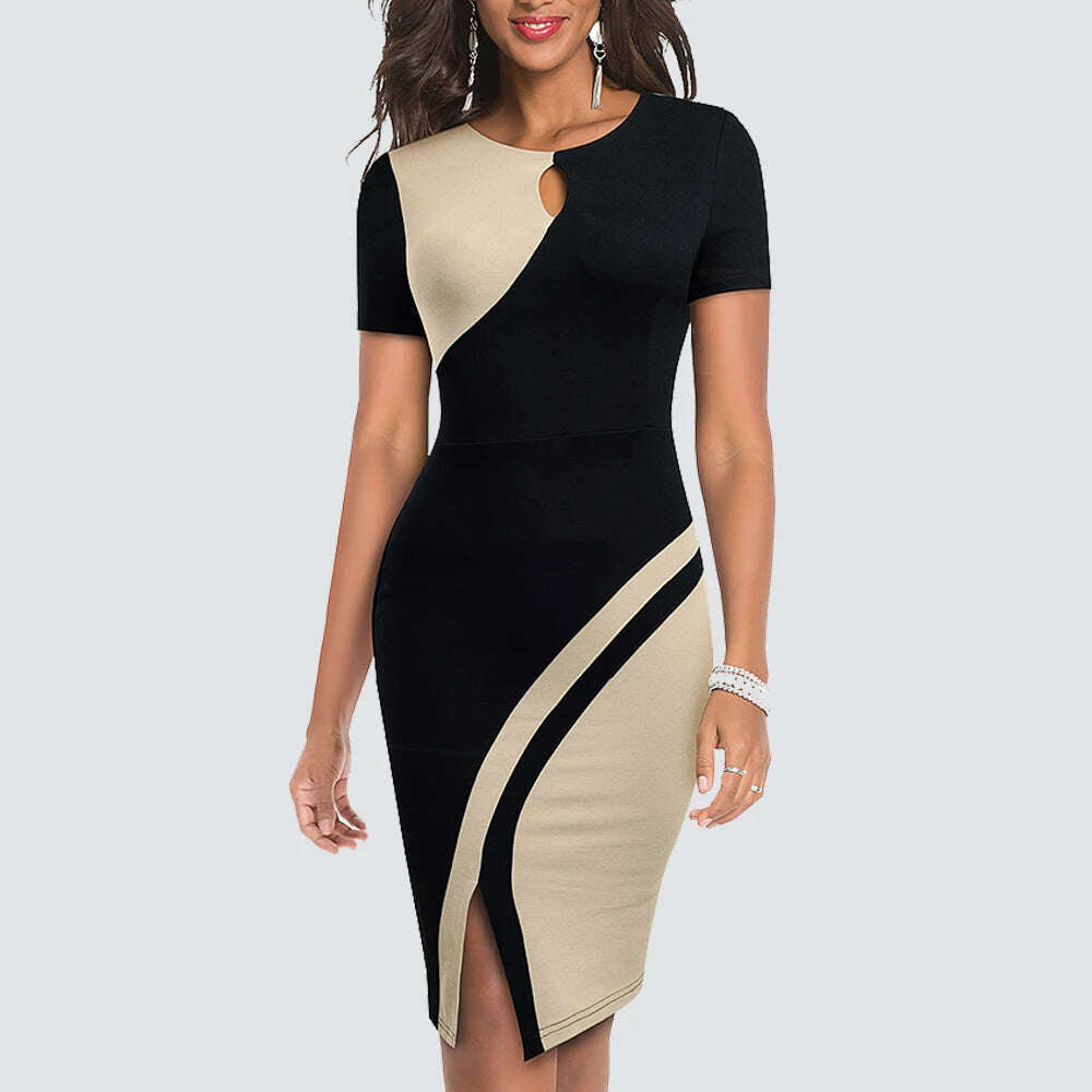 Women Sexy Contrast Color Elegant Bodycon Charming Patchwork Office Lady Dress HB571 - KIMLUD