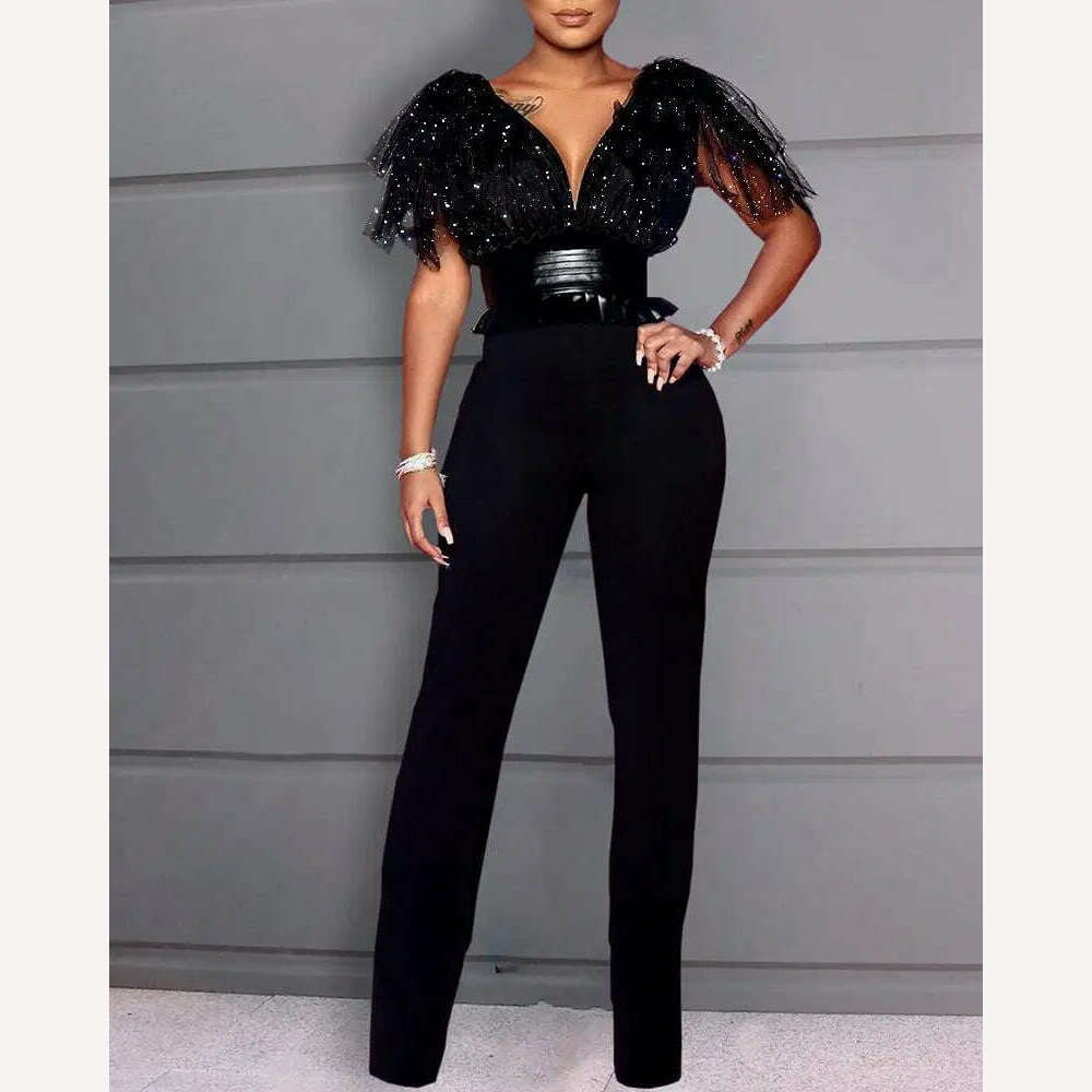 KIMLUD, Women Sexy Glitter Mesh Patchwork PU Belt Jumpsuits Solid Plunge Tight Waist Jumpsuit, shiny black / S, KIMLUD APPAREL - Womens Clothes