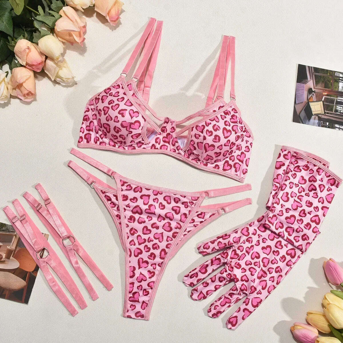 Women Sexy Leopard Exotic Lingerie Set Hollow Out Bra Set elegant Thin Thong Underwear Set Ladies Costumes high quality - KIMLUD