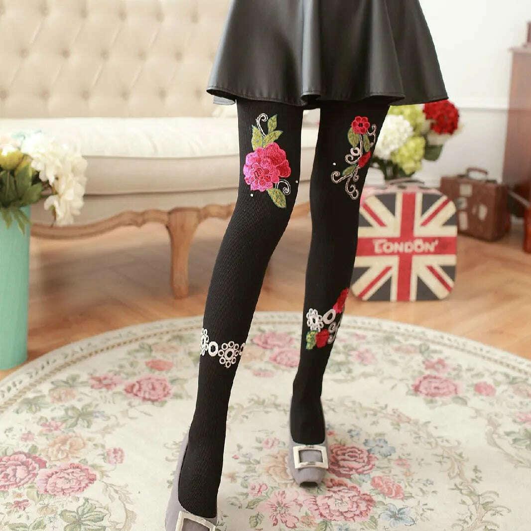 KIMLUD, Women Sexy Pantyhose Tights Rhinestones Opaque Embroidery Flowers Party Dress Style Lace Panty Transparent Silk Stockings Female, KIMLUD Womens Clothes