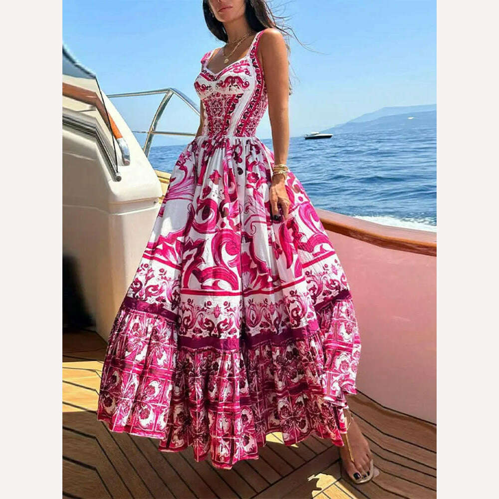 KIMLUD, Women Sexy Printed Suspender Dress Fashion V-neck Backless High Waist Large Swing Midi Vestido Summer Female Chic Vacation Robes, KIMLUD Womens Clothes