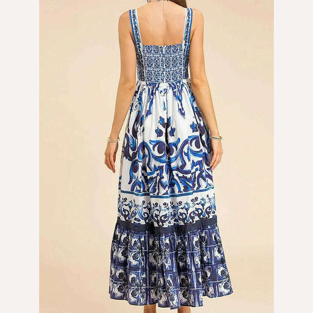 KIMLUD, Women Sexy Printed Suspender Dress Fashion V-neck Backless High Waist Large Swing Midi Vestido Summer Female Chic Vacation Robes, KIMLUD Womens Clothes