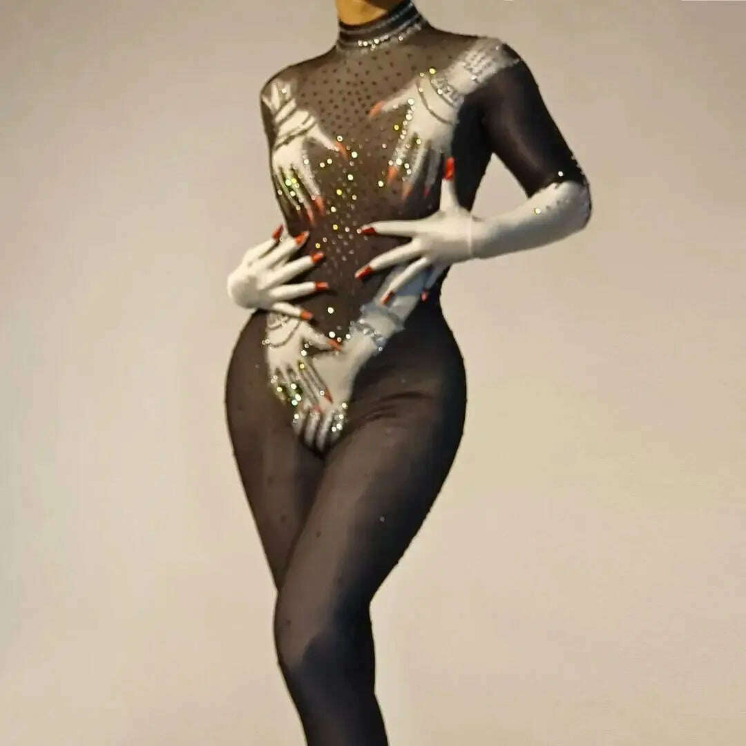KIMLUD, Women Sexy Rhinestone Print Hand Made Tight Stretch Jumpsuit Female Singer DJ Bar Nightclub Stage Performance Costume Rompers, KIMLUD Womens Clothes