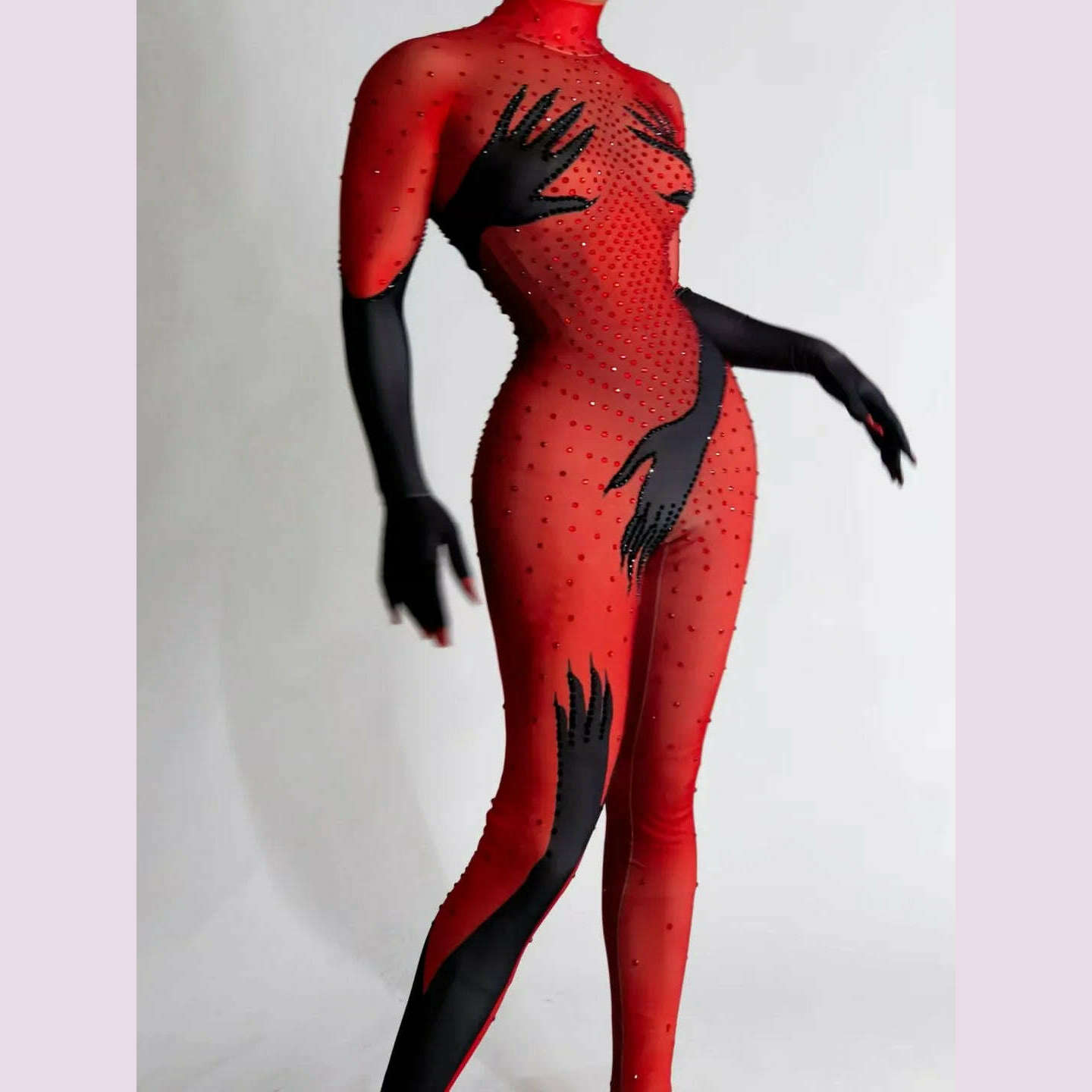 KIMLUD, Women Sexy Rhinestone Print Hand Made Tight Stretch Jumpsuit Female Singer DJ Bar Nightclub Stage Performance Costume Rompers, Red / S, KIMLUD APPAREL - Womens Clothes