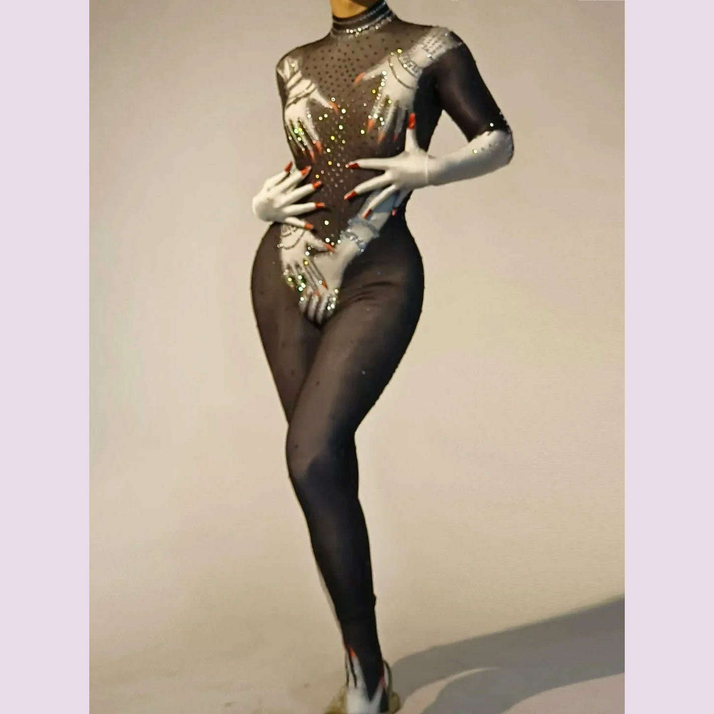 KIMLUD, Women Sexy Rhinestone Print Hand Made Tight Stretch Jumpsuit Female Singer DJ Bar Nightclub Stage Performance Costume Rompers, black / S, KIMLUD APPAREL - Womens Clothes
