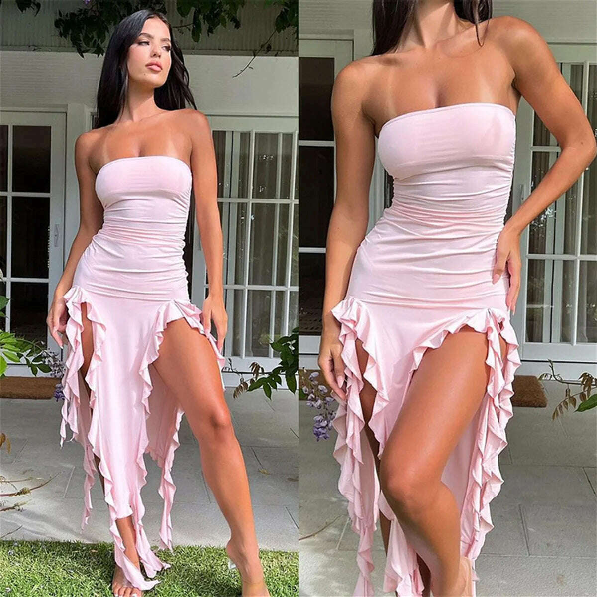 KIMLUD, Women Sexy Strapless Off Shoulder Midi Dress Ruffles Split Beach Maxi Dress Elegant Bodycon Summer Slim Fit Party Female Vestido, KIMLUD Womens Clothes
