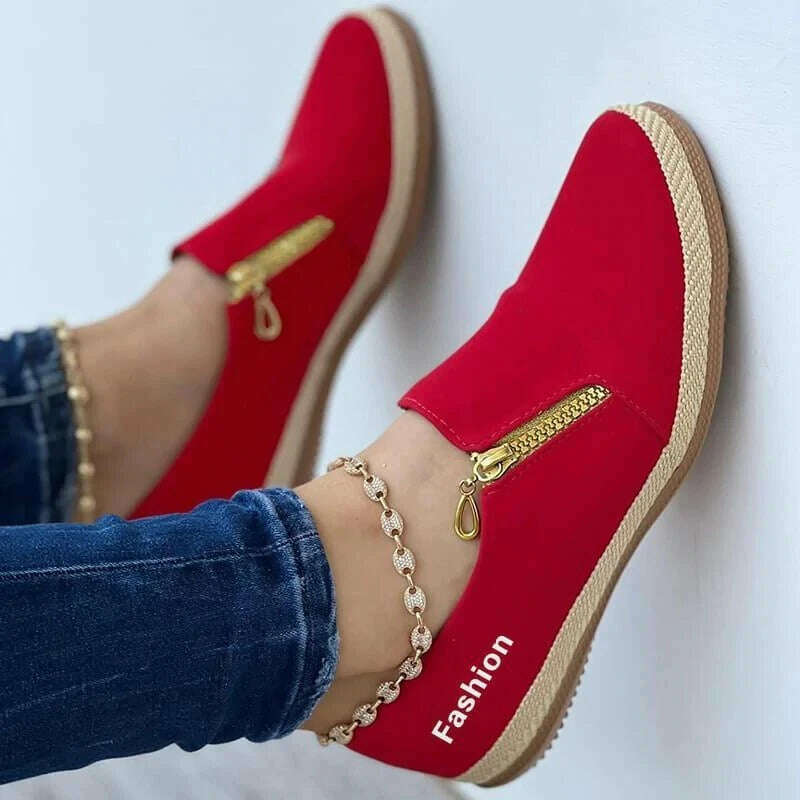 KIMLUD, Women Shoes 2023 New Flats Solid Color Double Zipper Sneakers Slip On Casual Comfortable Ladies Sneaker Lazy Walking Shoes, red / 35, KIMLUD APPAREL - Womens Clothes