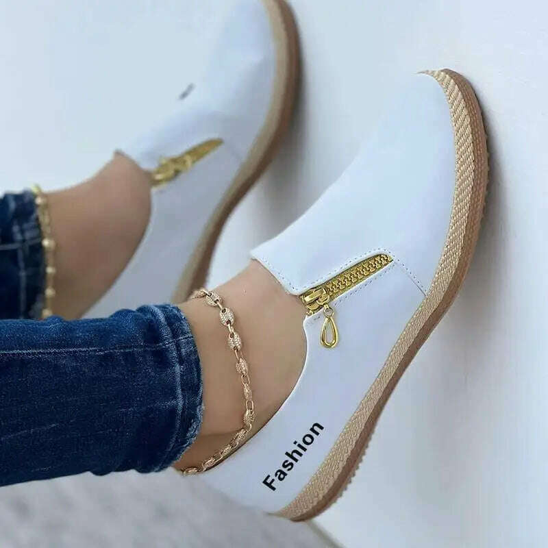 KIMLUD, Women Shoes 2023 New Flats Solid Color Double Zipper Sneakers Slip On Casual Comfortable Ladies Sneaker Lazy Walking Shoes, white / 35, KIMLUD APPAREL - Womens Clothes