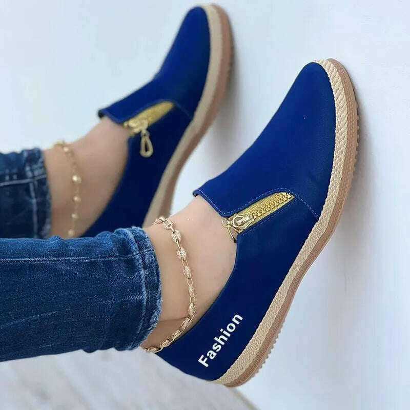 KIMLUD, Women Shoes 2023 New Flats Solid Color Double Zipper Sneakers Slip On Casual Comfortable Ladies Sneaker Lazy Walking Shoes, KIMLUD Womens Clothes