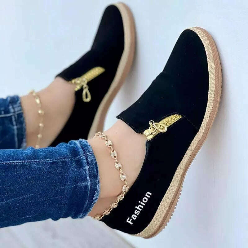 KIMLUD, Women Shoes 2023 New Flats Solid Color Double Zipper Sneakers Slip On Casual Comfortable Ladies Sneaker Lazy Walking Shoes, KIMLUD Womens Clothes