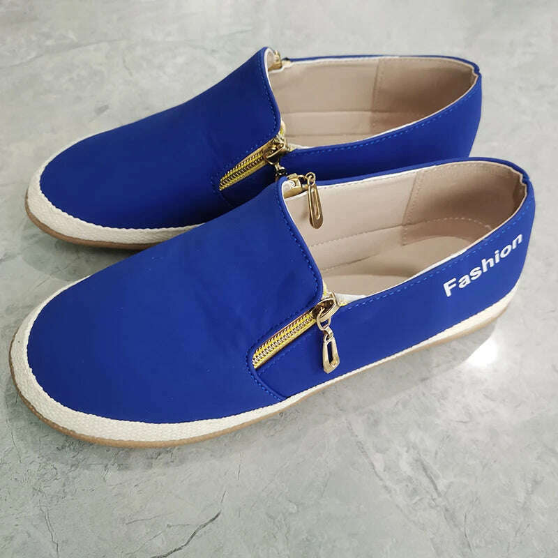 KIMLUD, Women Shoes 2023 New Flats Solid Color Double Zipper Sneakers Slip On Casual Comfortable Ladies Sneaker Lazy Walking Shoes, KIMLUD Womens Clothes