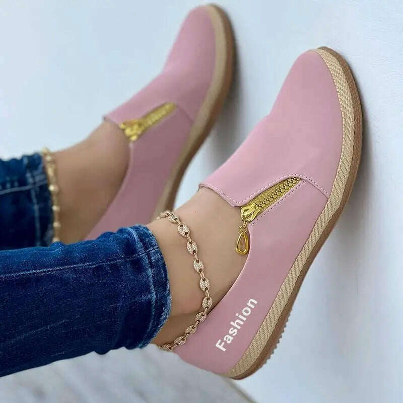 KIMLUD, Women Shoes 2023 New Flats Solid Color Double Zipper Sneakers Slip On Casual Comfortable Ladies Sneaker Lazy Walking Shoes, KIMLUD Womens Clothes