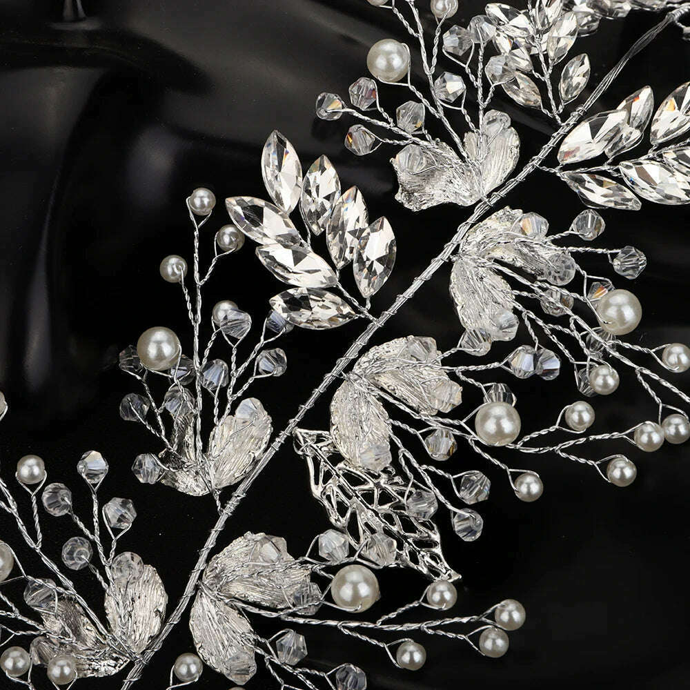 KIMLUD, Women Silver Leaf Rhinestones Heabdand Wedding Hair Jewelry Bridal Hair Accessories for Bride Women, KIMLUD Womens Clothes