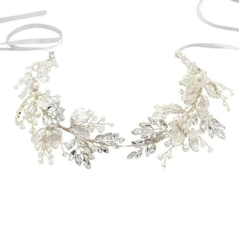 KIMLUD, Women Silver Leaf Rhinestones Heabdand Wedding Hair Jewelry Bridal Hair Accessories for Bride Women, KIMLUD Womens Clothes