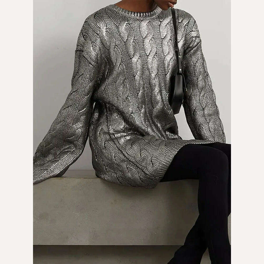 KIMLUD, Women Silver Metallic Cable Knit Long Wool Sweater Fashion Loose O Neck Full Sleeve Pullover 2023 Autumn Lady Casual Chic Jumper, KIMLUD Womens Clothes