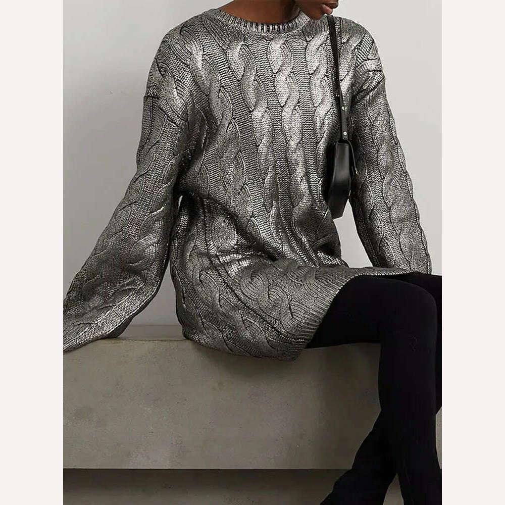 KIMLUD, Women Silver Metallic Cable Knit Long Wool Sweater Fashion Loose O Neck Full Sleeve Pullover 2023 Autumn Lady Casual Chic Jumper, KIMLUD Womens Clothes