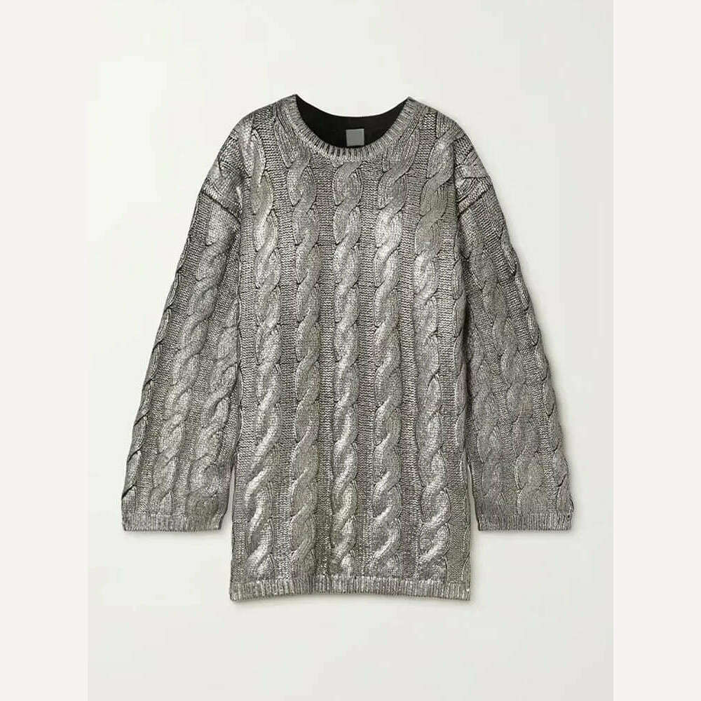 KIMLUD, Women Silver Metallic Cable Knit Long Wool Sweater Fashion Loose O Neck Full Sleeve Pullover 2023 Autumn Lady Casual Chic Jumper, Silver / S, KIMLUD APPAREL - Womens Clothes