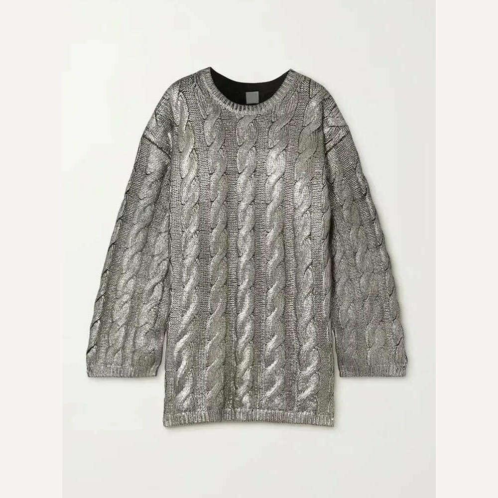KIMLUD, Women Silver Metallic Cable Knit Long Wool Sweater Fashion Loose O Neck Full Sleeve Pullover 2023 Autumn Lady Casual Chic Jumper, KIMLUD Womens Clothes