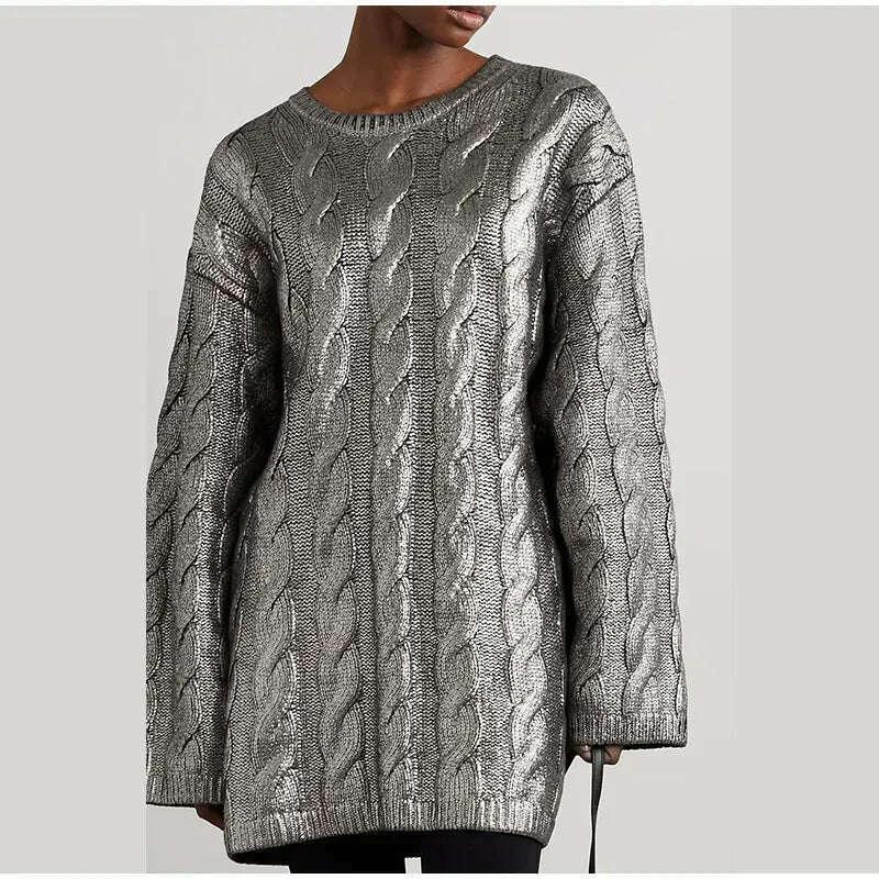 KIMLUD, Women Silver Metallic Cable Knit Long Wool Sweater Fashion Loose O Neck Full Sleeve Pullover 2023 Autumn Lady Casual Chic Jumper, KIMLUD Womens Clothes