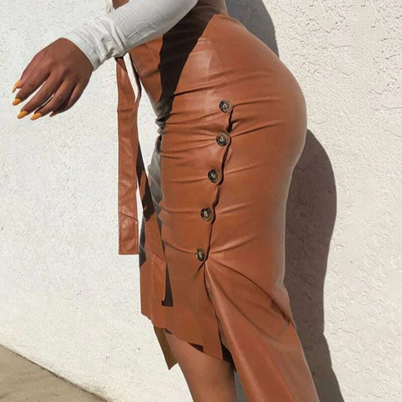 KIMLUD, Women Skirt Female Drawstring High Waist Pleated Asymmetrical Outfits Elegant Ladies Solid Bag Hip Clothing PU Leather, KIMLUD Womens Clothes