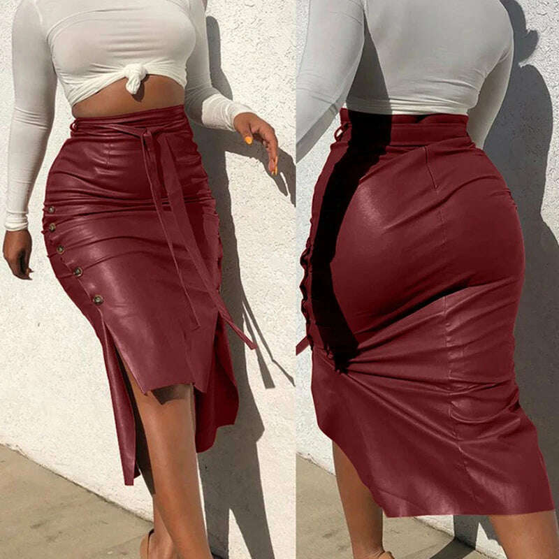 KIMLUD, Women Skirt Female Drawstring High Waist Pleated Asymmetrical Outfits Elegant Ladies Solid Bag Hip Clothing PU Leather, KIMLUD Womens Clothes