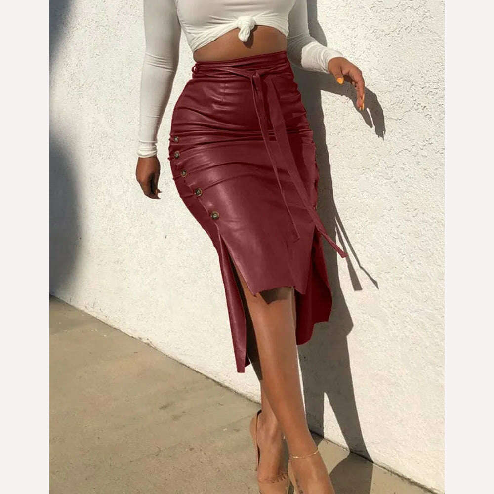 KIMLUD, Women Skirt Female Drawstring High Waist Pleated Asymmetrical Outfits Elegant Ladies Solid Bag Hip Clothing PU Leather, KIMLUD Womens Clothes
