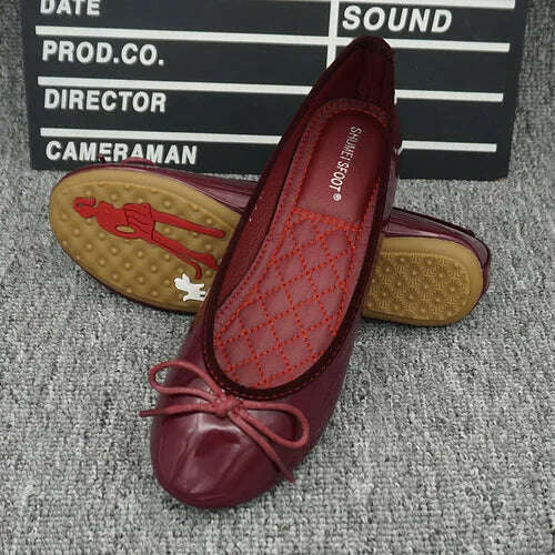 KIMLUD, Women Slip on Flat Shoes Round Toe Shallow Butterfly-Knot Ballerina Loafers Patent Leather Lady Ballet, Burgundy / 38, KIMLUD Womens Clothes