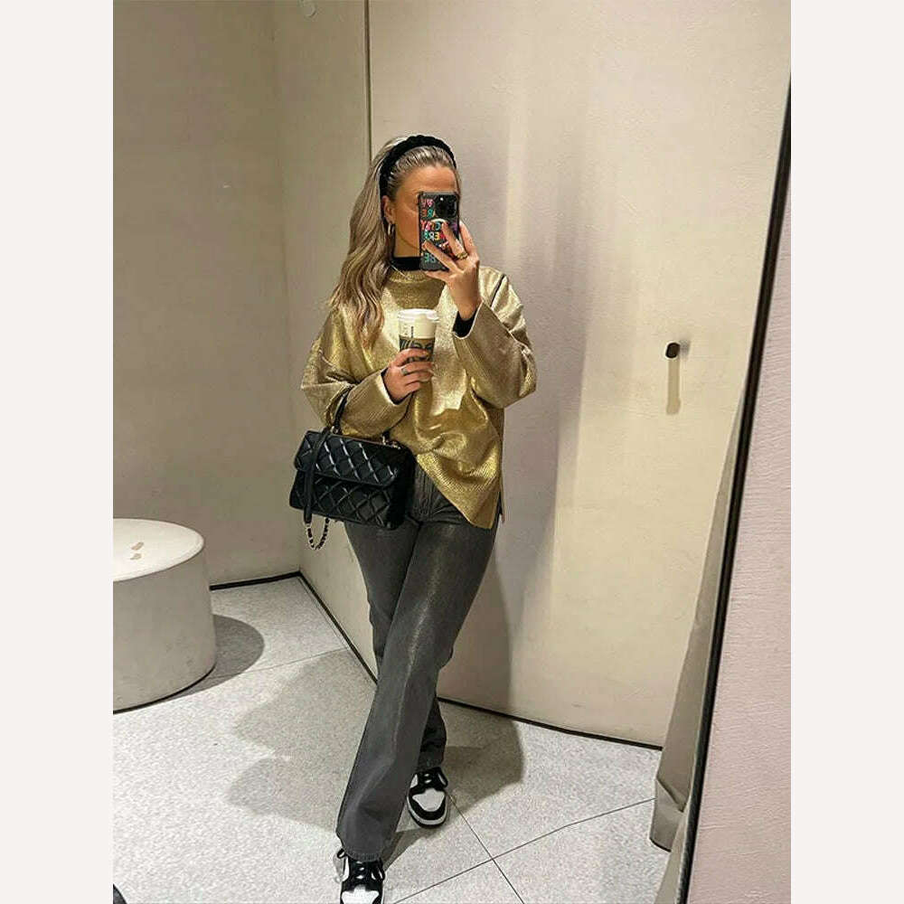 KIMLUD, Women Solid O Neck Pullover Top Elegant Loose Long Sleeve Gold Sweatshirt 2023 Autumn Female Fashion Casual Shinny Outerwear, KIMLUD Womens Clothes