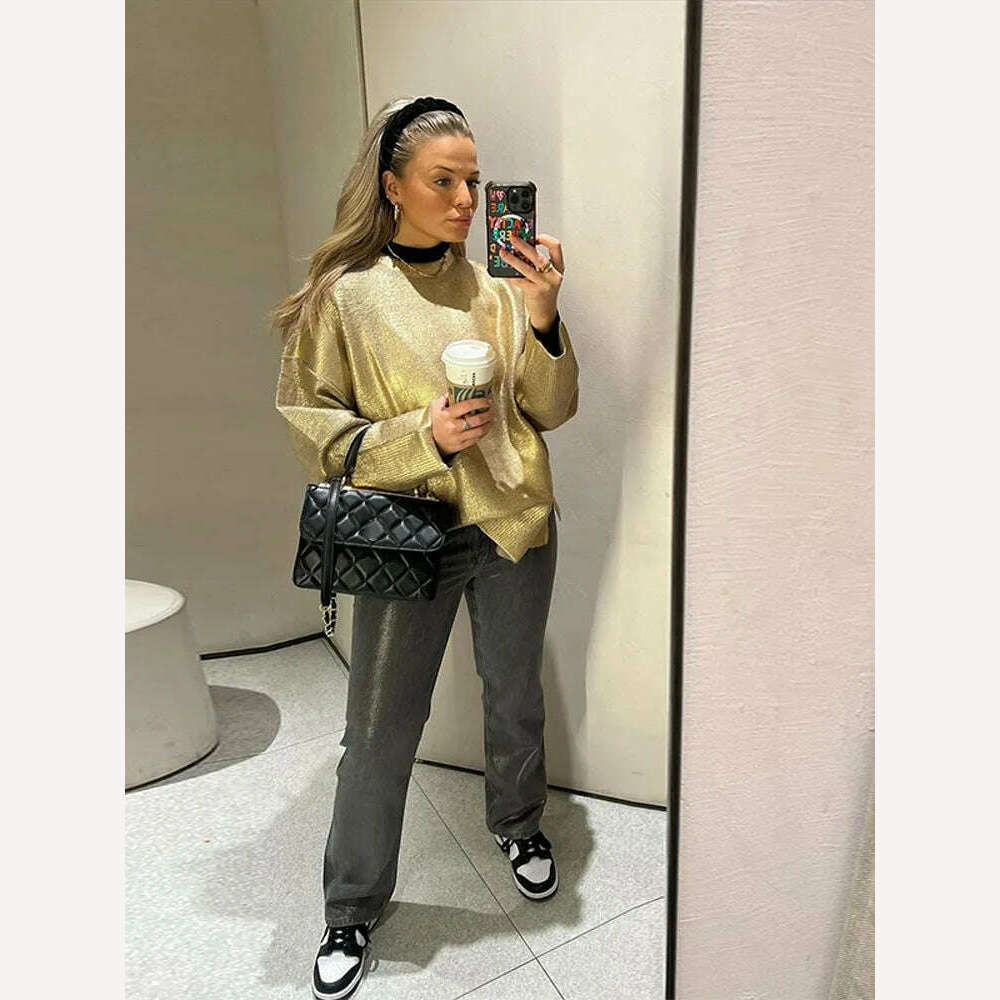 KIMLUD, Women Solid O Neck Pullover Top Elegant Loose Long Sleeve Gold Sweatshirt 2023 Autumn Female Fashion Casual Shinny Outerwear, KIMLUD Womens Clothes