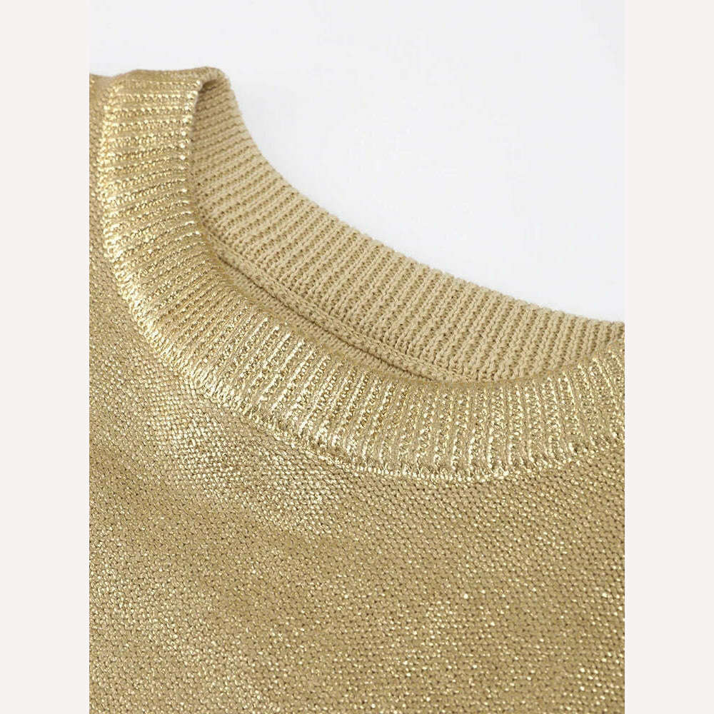 KIMLUD, Women Solid O Neck Pullover Top Elegant Loose Long Sleeve Gold Sweatshirt 2023 Autumn Female Fashion Casual Shinny Outerwear, KIMLUD Womens Clothes