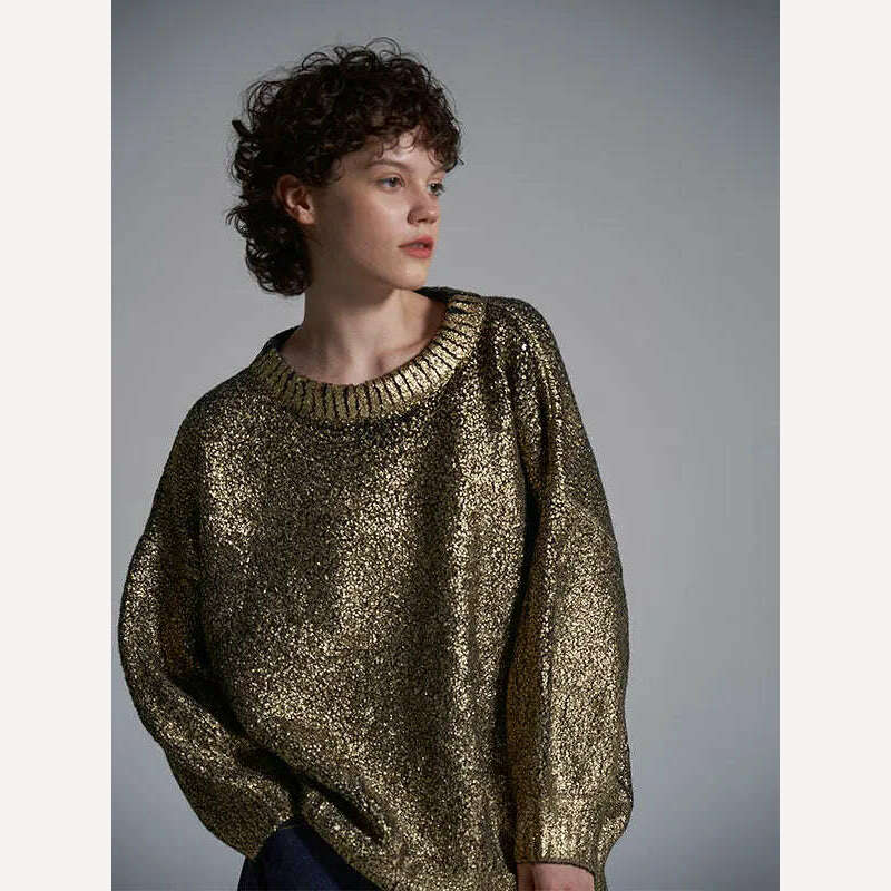 KIMLUD, Women Solid O Neck Pullover Top Elegant Loose Long Sleeve Gold Sweatshirt 2023 Autumn Female Fashion Casual Shinny Outerwear, Gold 4 / S, KIMLUD APPAREL - Womens Clothes