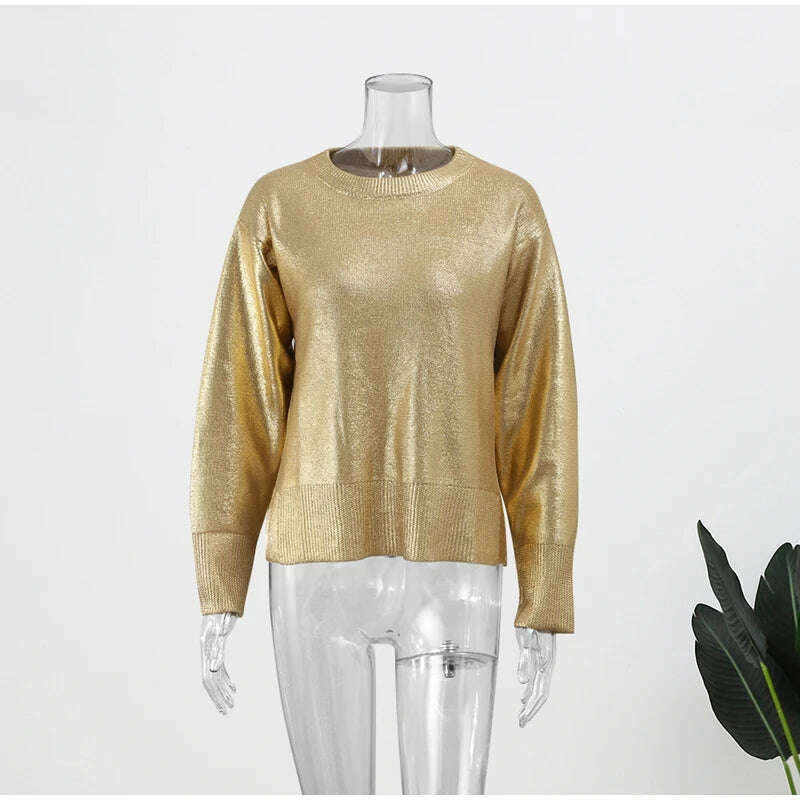 KIMLUD, Women Solid O Neck Pullover Top Elegant Loose Long Sleeve Gold Sweatshirt 2023 Autumn Female Fashion Casual Shinny Outerwear, KIMLUD Womens Clothes