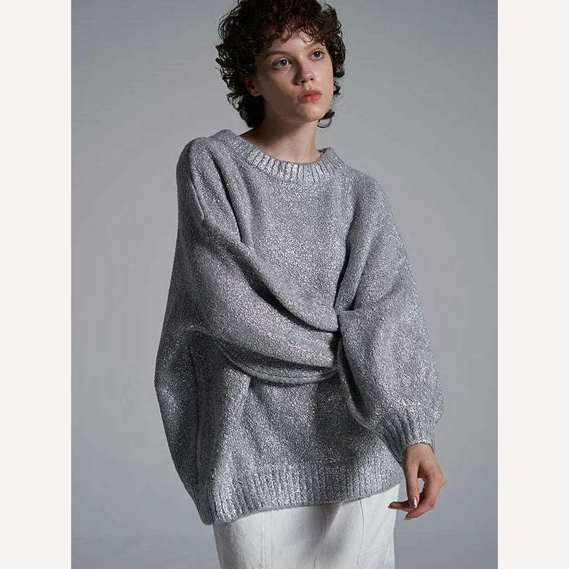 KIMLUD, Women Solid O Neck Pullover Top Elegant Loose Long Sleeve Gold Sweatshirt 2023 Autumn Female Fashion Casual Shinny Outerwear, KIMLUD Womens Clothes
