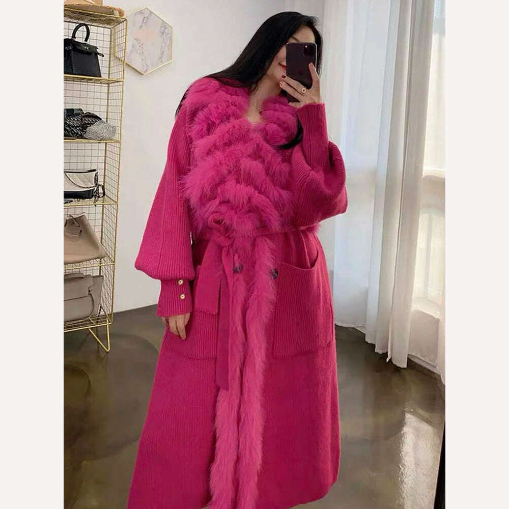 KIMLUD, Women Special Autumn Real Fox Fur Knitting OverSize Coat Fox Fur Collar Lady's Fashion Spring Long Sweater Length 110cm, KIMLUD Womens Clothes