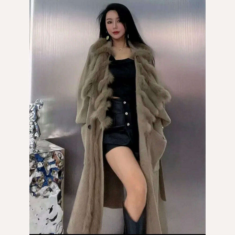 KIMLUD, Women Special Autumn Real Fox Fur Knitting OverSize Coat Fox Fur Collar Lady's Fashion Spring Long Sweater Length 110cm, KIMLUD Womens Clothes