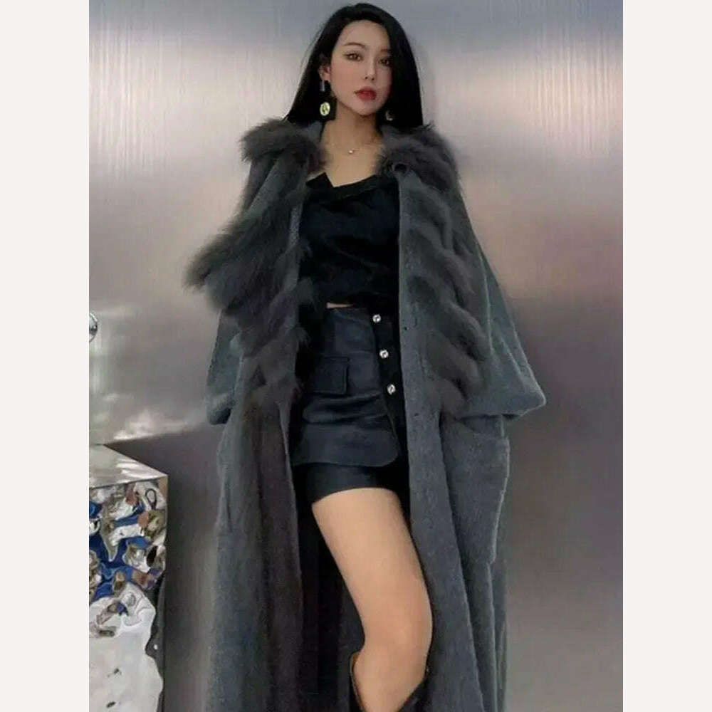 KIMLUD, Women Special Autumn Real Fox Fur Knitting OverSize Coat Fox Fur Collar Lady's Fashion Spring Long Sweater Length 110cm, KIMLUD Womens Clothes