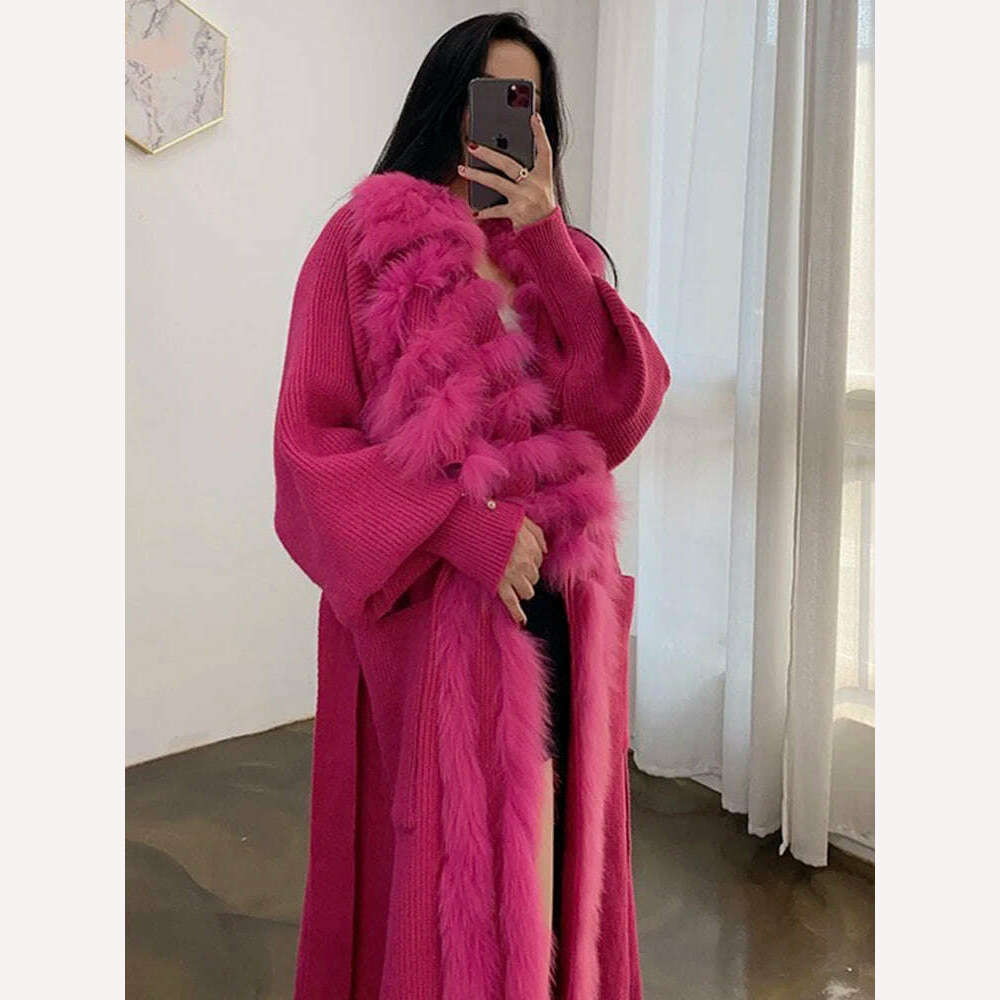 KIMLUD, Women Special Autumn Real Fox Fur Knitting OverSize Coat Fox Fur Collar Lady's Fashion Spring Long Sweater Length 110cm, KIMLUD Womens Clothes