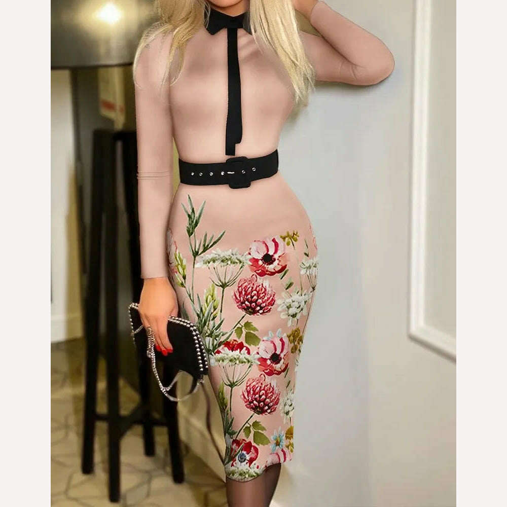 KIMLUD, Women Spring Autumn 3D Winter Slim Befree Maxi Dress Belt Sexy Full Long Sleeve Boho Party Elegant Dresses, Gold / S, KIMLUD APPAREL - Womens Clothes