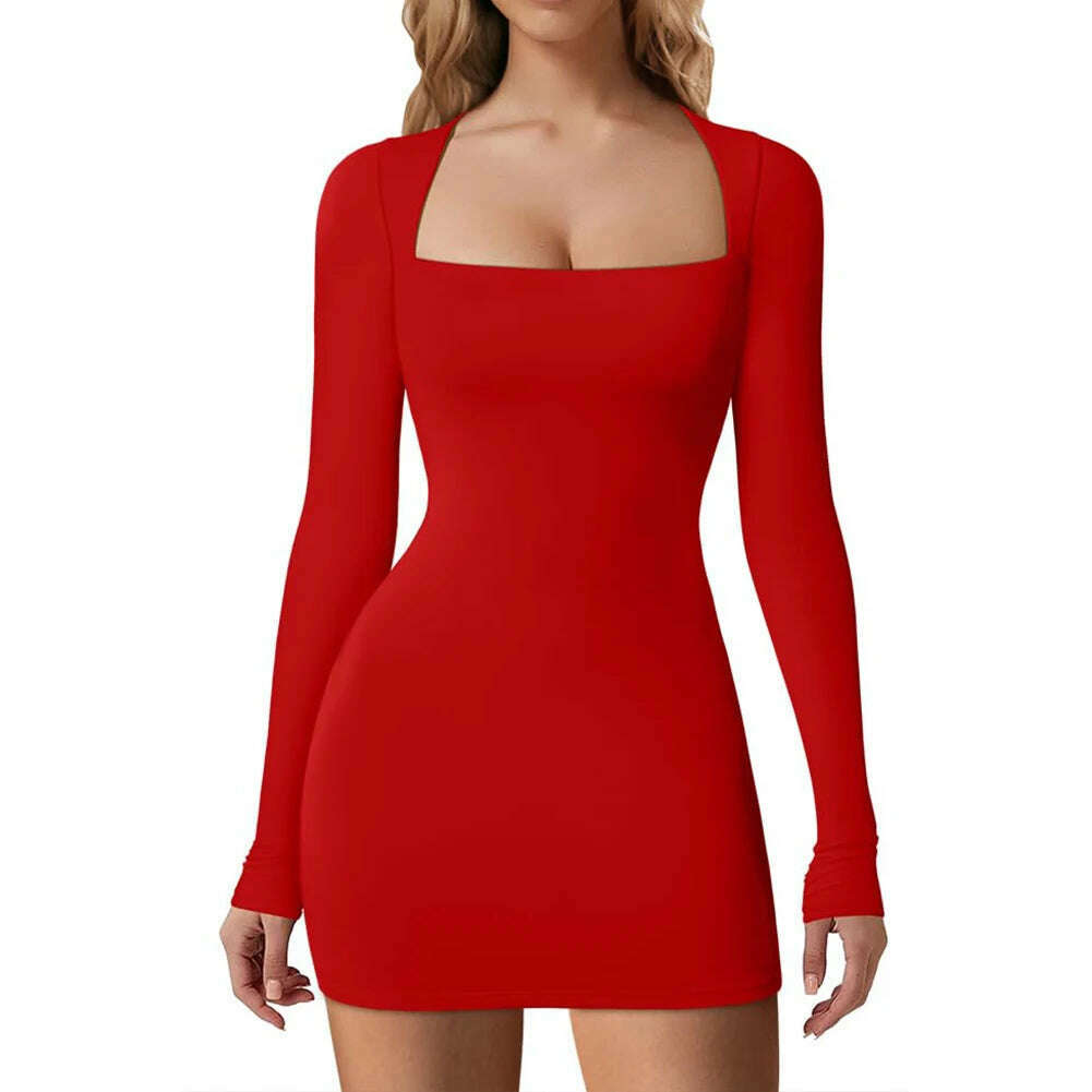 KIMLUD, Women Square Neck Dress Long Sleeve Buttocks Wrapped Dress Slim Fit Bodycon Sexy Dress Ladies Club Streetwear, Red / S, KIMLUD Womens Clothes