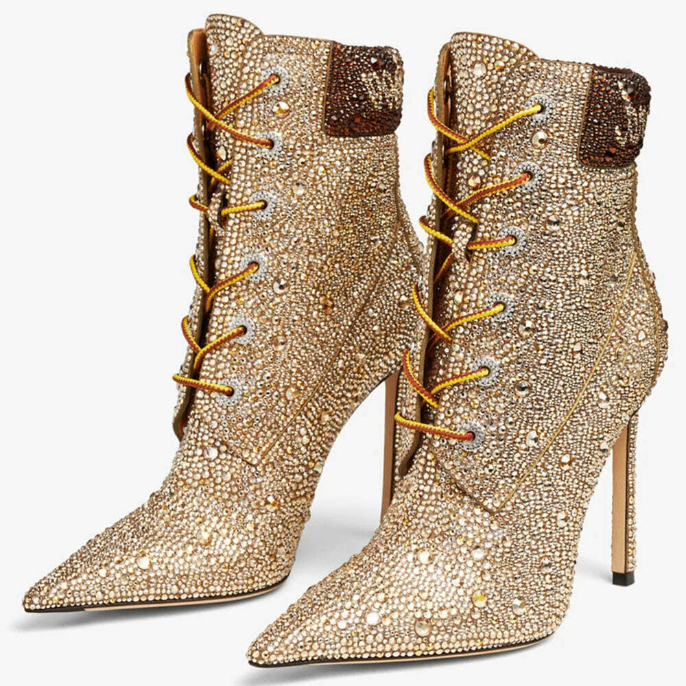 Women Stiletto Thin Heels Luxury Shoes Custom Flash Diamonds High-Heeled Short Boots Gold Lace Up Ankle Booty - KIMLUD