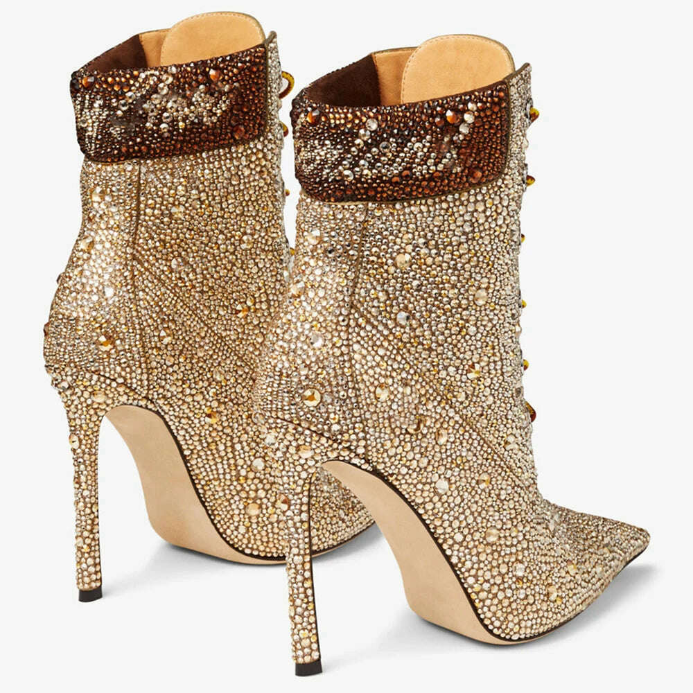 Women Stiletto Thin Heels Luxury Shoes Custom Flash Diamonds High-Heeled Short Boots Gold Lace Up Ankle Booty - KIMLUD