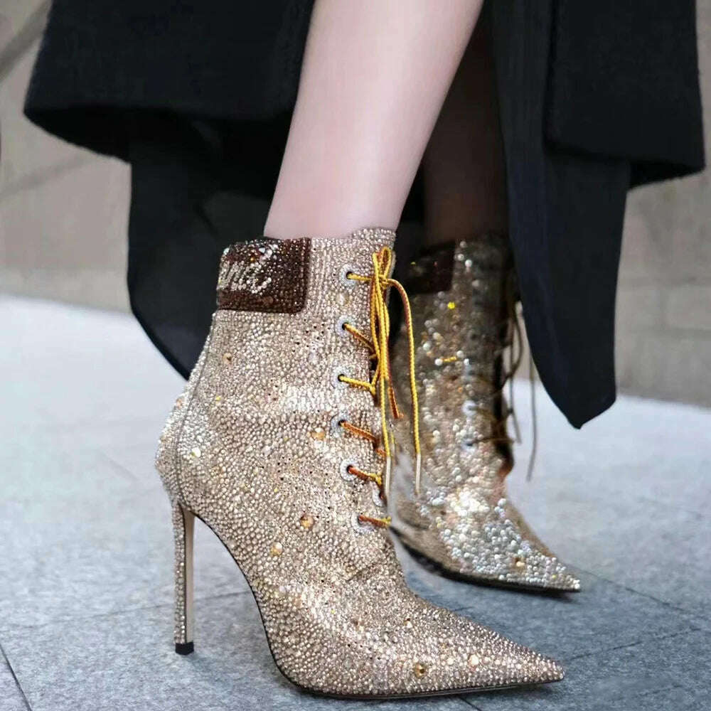 Women Stiletto Thin Heels Luxury Shoes Custom Flash Diamonds High-Heeled Short Boots Gold Lace Up Ankle Booty - KIMLUD