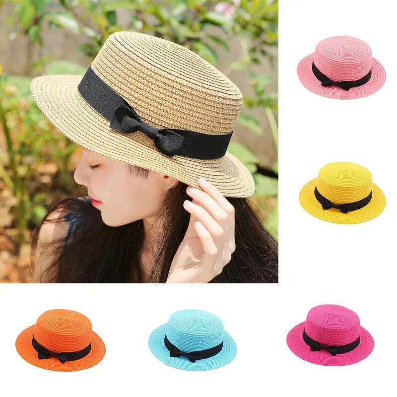 KIMLUD, women straw hat  Flat Top Straw Hat Vacation Casual Shopping Beach Hats for Woman Hats for girls Church Courtesy Panama Sun Hat, KIMLUD Womens Clothes