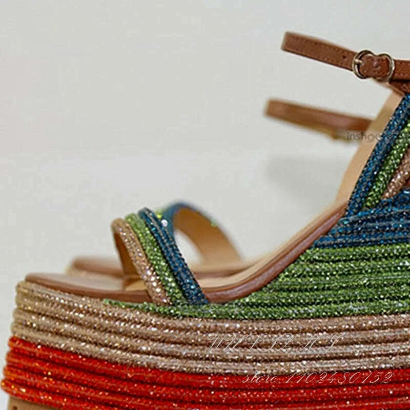 KIMLUD, Women Sugarbaby Crystal Sequin Striped Wedge Sandals Platform 12.5Cm Heels Red Green Buckle Mixed Colors Open Bling Dress Shoes, KIMLUD Womens Clothes